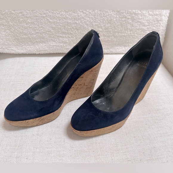 Rare Stuart Weitzman Corkswoon Navy Suede Platform Wedges US 8.5 $445 Retail - Picture 13 of 16